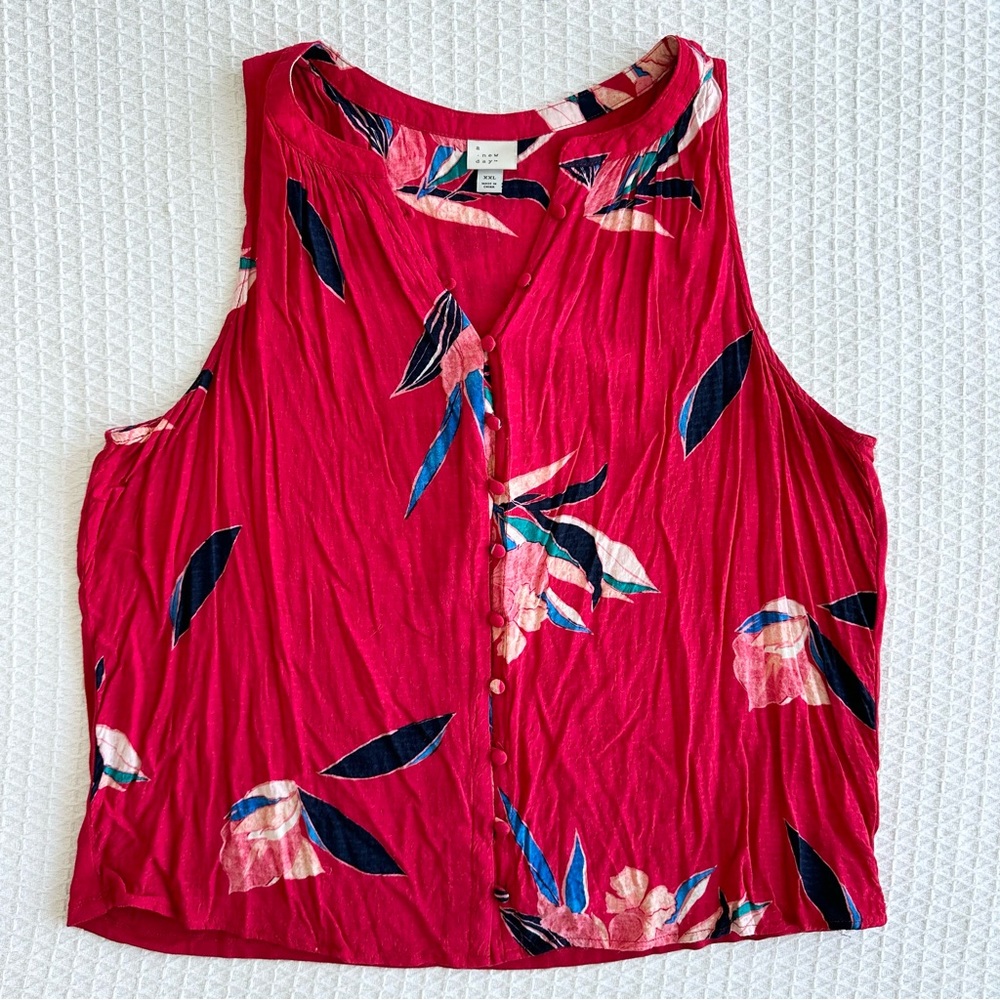 A New Day pink red floral button down tank top